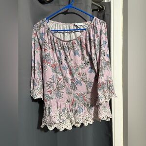 Fever Pink Floral Blouse with Lace Trim